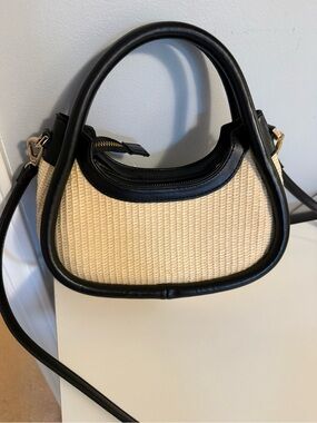 black lined straw crossbody bag